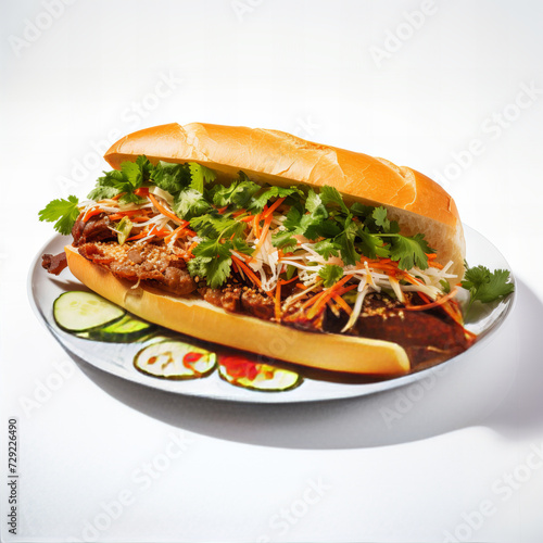 Delicious Traditional Vietnamese Banh Mi Sandwich with Fresh Cilantro and Pickled Vegetables on a White Background