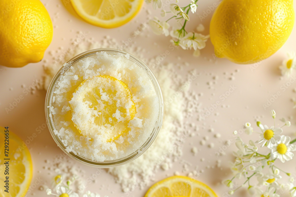 Glass of Salt Surrounded by Lemons and Daisies Glass of Salt Surrounded by Lemons and Daisies