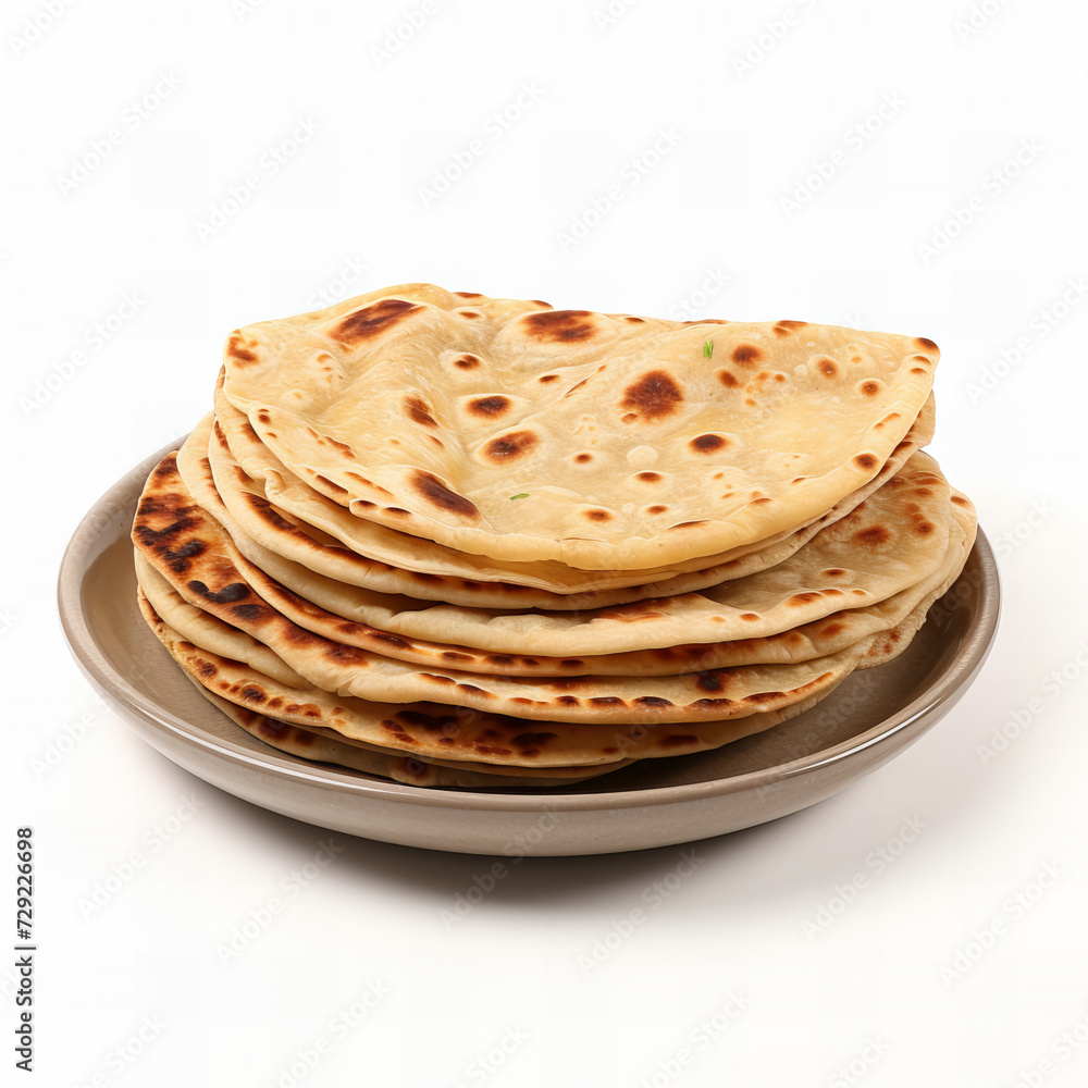 Fresh Homemade Stacked Flatbread in Ceramic Plate on White Background - Traditional Cuisine, Healthy Eating Concept