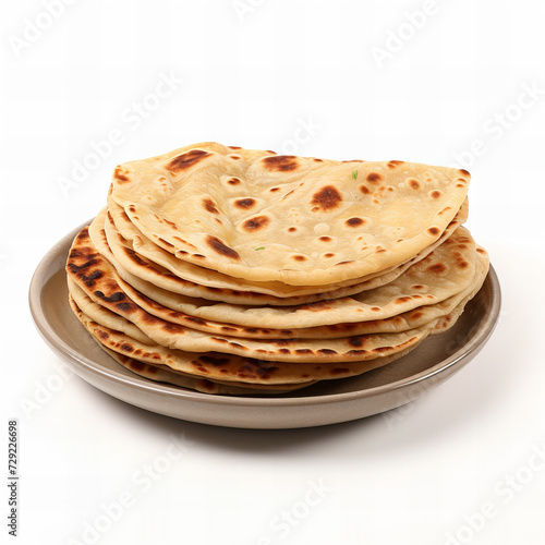 Fresh Homemade Stacked Flatbread in Ceramic Plate on White Background - Traditional Cuisine, Healthy Eating Concept