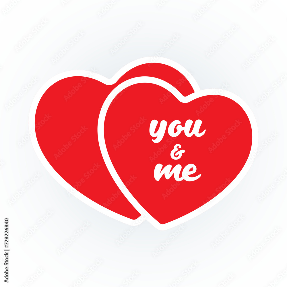 Vector illustration Two hearts together with quote You and Me isolated on white background. Romantic typography template, card, logo. Vector illustration Two hearts together with quote You and Me isolated on white background. Romantic typography template, card, logo.