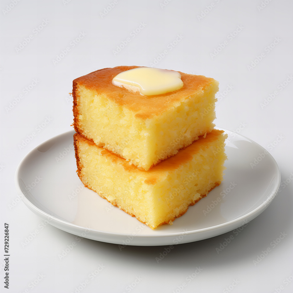 Fresh Homemade Golden Cornbread Squares with Melting Butter on White Plate - Comfort Food Concept Fresh Homemade Golden Cornbread Squares with Melting Butter on White Plate - Comfort Food Concept