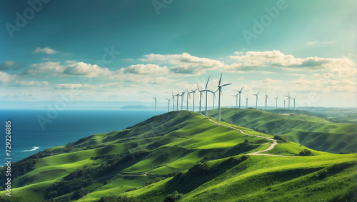 Wind turbines stand top lush green hill