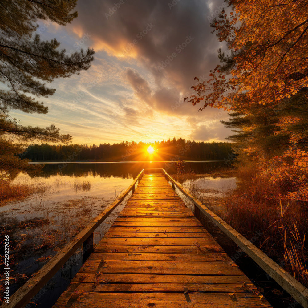 Autumn forest landscape with wooden pier.