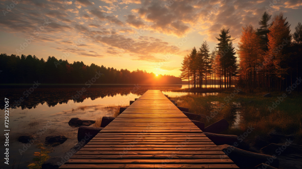 Obraz premium Autumn forest landscape with wooden pier.
