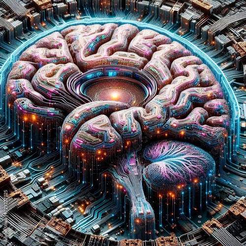 The Code Within A cross-section of a human brain revealing intricate structures that resemble circuit boards and neural networks