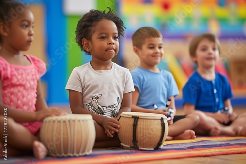preschoolers with bongos, sitting crosslegged photo
