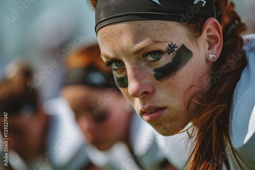 female player with eye black, focused on game