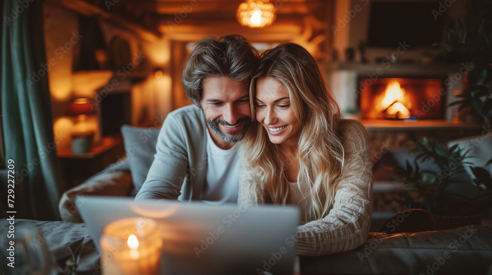 Happy young married couple looking at laptop together at cozy home office Happy young married couple looking at laptop together at cozy home office