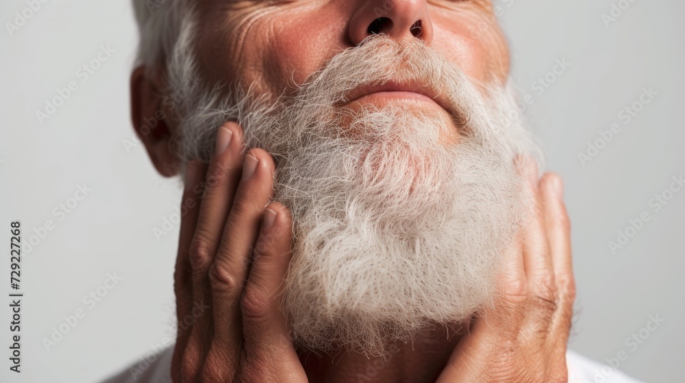 Senior bearded man isolated white background. Portrait of a confident 60s 70s mid aged mature man touching his stylish beard. Bearded aging model man with serious expression. Fashion male older model. Senior bearded man isolated white background. Portrait of a confident 60s 70s mid aged mature man touching his stylish beard. Bearded aging model man with serious expression. Fashion male older model.