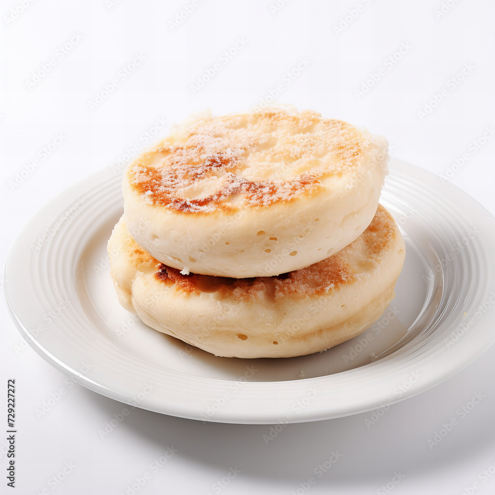 Stacked English Muffins on White Plate - Freshly Toasted Breakfast Bakery Item Stacked English Muffins on White Plate - Freshly Toasted Breakfast Bakery Item