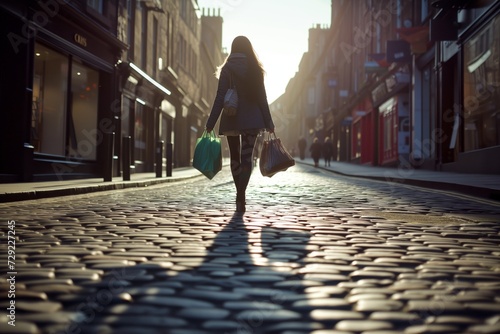 Valokuva girl walking with bags on a cobbled street