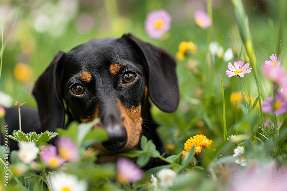 Black and Brown Dog Resting in a Field of Flowers