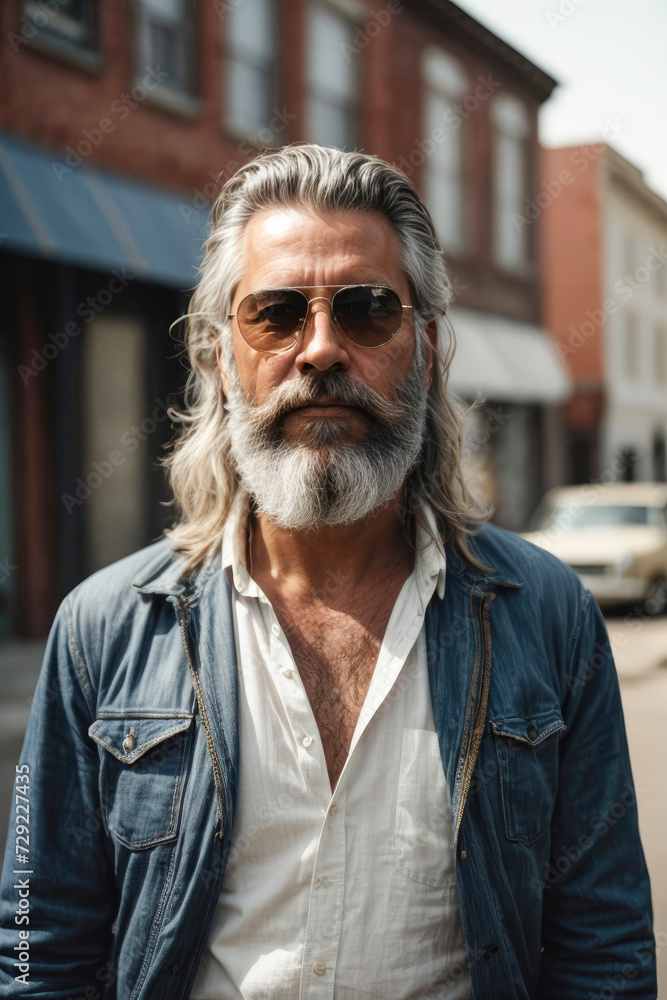 happy handsome man with beard and gray hair on vacation posing in a tourist town happy handsome man with beard and gray hair on vacation posing in a tourist town