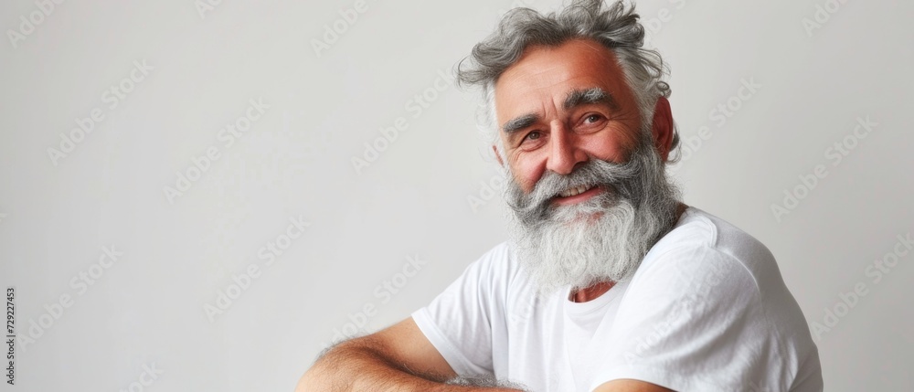 Senior bearded man isolated white background. Portrait of a confident 60s 70s mid aged mature man. Man skin care, beard care, Fashion beauty male older model.