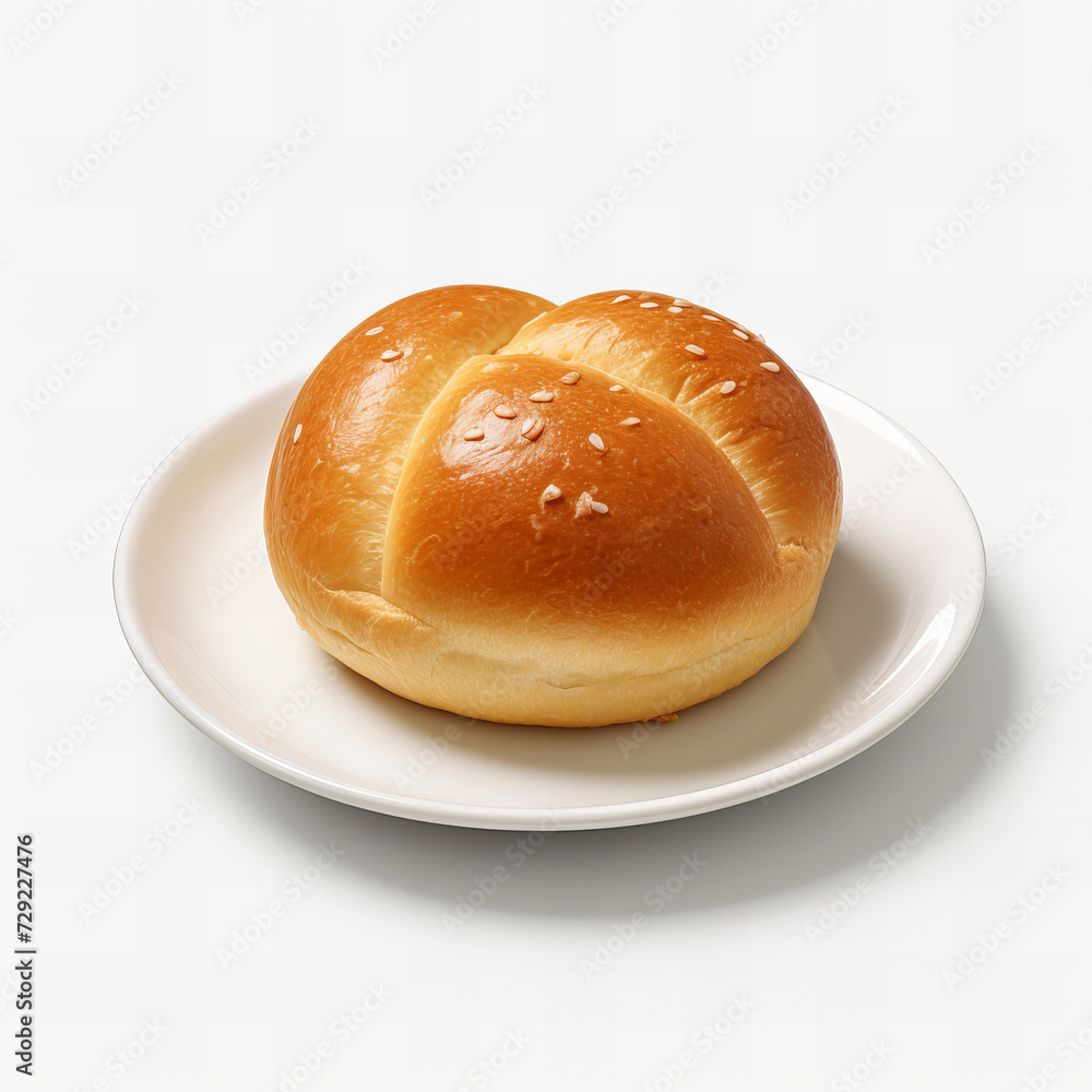 Freshly Baked Golden Sesame Knot Roll on White Plate - Perfect for Bakery Menus and Breakfast Settings