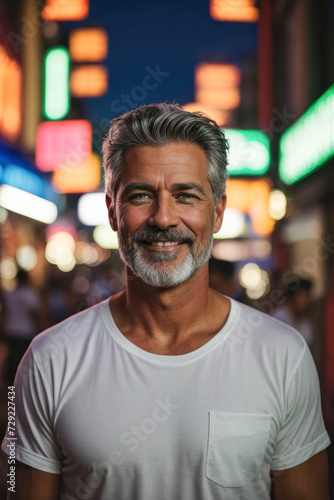 happy handsome man with beard and gray hair on vacation posing in a tourist town