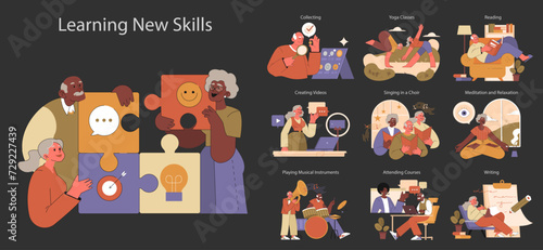 Retirees' Activities set. Diverse seniors engaging in hobbies and skills from puzzle solving to musical instruments. Embracing lifelong learning and nurturing relationships.