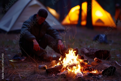 tired explorer by campfire, compass lost, outoffocus tents in scene