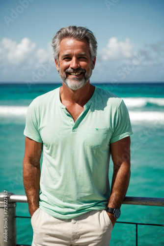 handsome happy man with beard and gray hair on vacation posing at a seaside resort