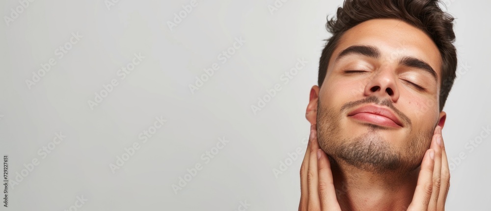 Fototapeta premium Man Enjoying Skincare Routine. Close-up of a content young man with eyes closed, gently touching his smooth, clean-shaven face, evoking a sense of self-care and relaxation on a white background