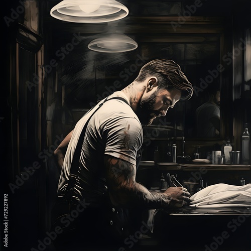 The rough texture of the charcoal adds depth to the scene, capturing the rustic charm of the barbershop and the softness of the hair being cut