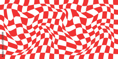 Psychedelic checkered pattern in red color. Checkered racing flag background.