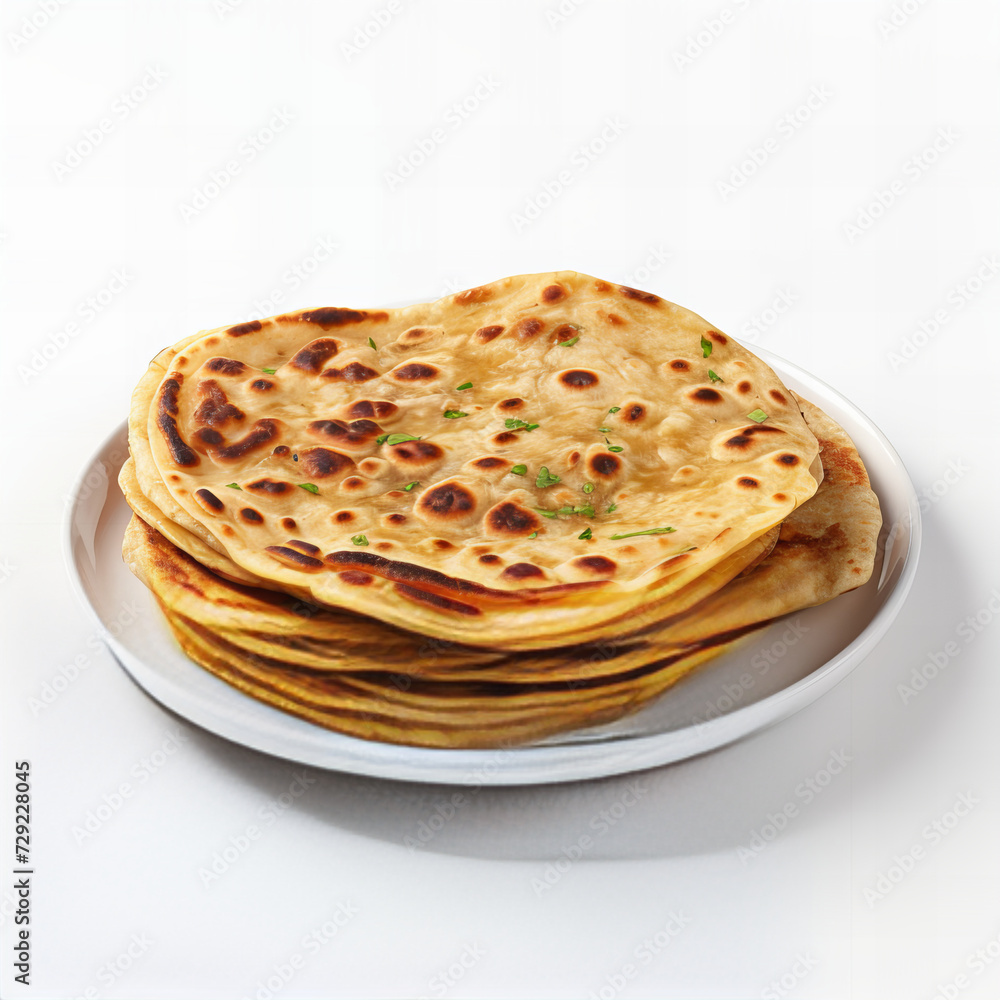 Fresh Homemade Fluffy Flatbreads Piled High on White Plate, Garnished with Green Herbs - Ideal for Food Blogs and Menus Fresh Homemade Fluffy Flatbreads Piled High on White Plate, Garnished with Green Herbs - Ideal for Food Blogs and Menus