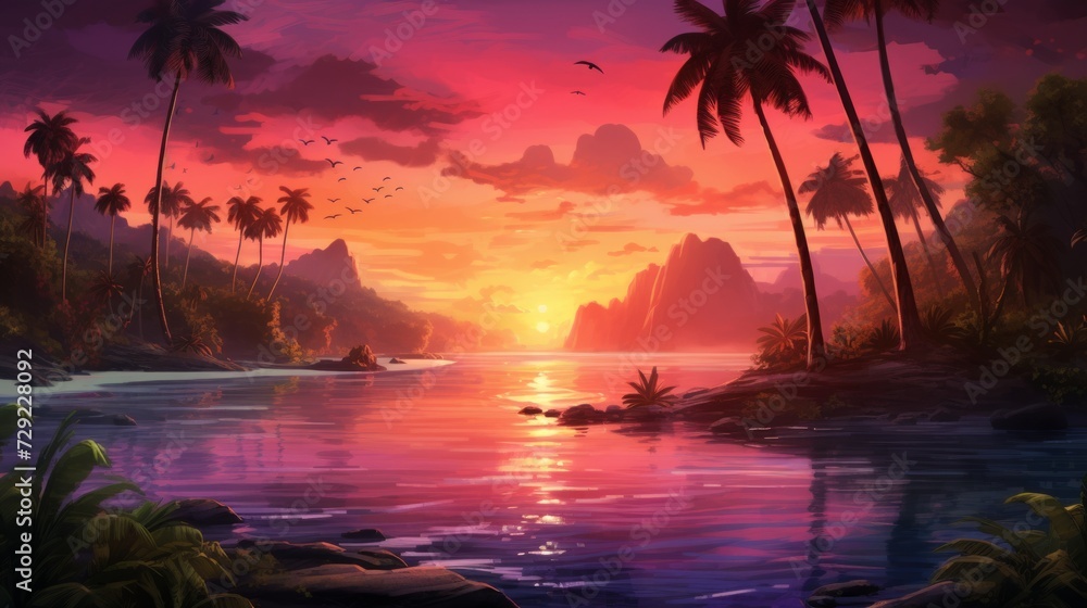 Aerial perspective showcasing a serene archipelago with lush palm trees set against the backdrop of a mesmerizing sunset painting the sky in hues of orange, pink, and purple. photorealistic epic light