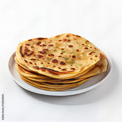 Fresh Homemade Fluffy Flatbreads Piled High on White Plate, Garnished with Green Herbs - Ideal for Food Blogs and Menus
