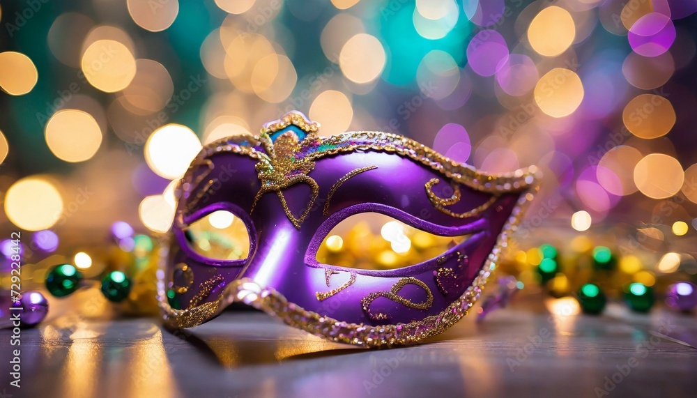 Purple Mardi Gras masquerade mask with bokeh on background. Venetian festival. Carnival disguise.