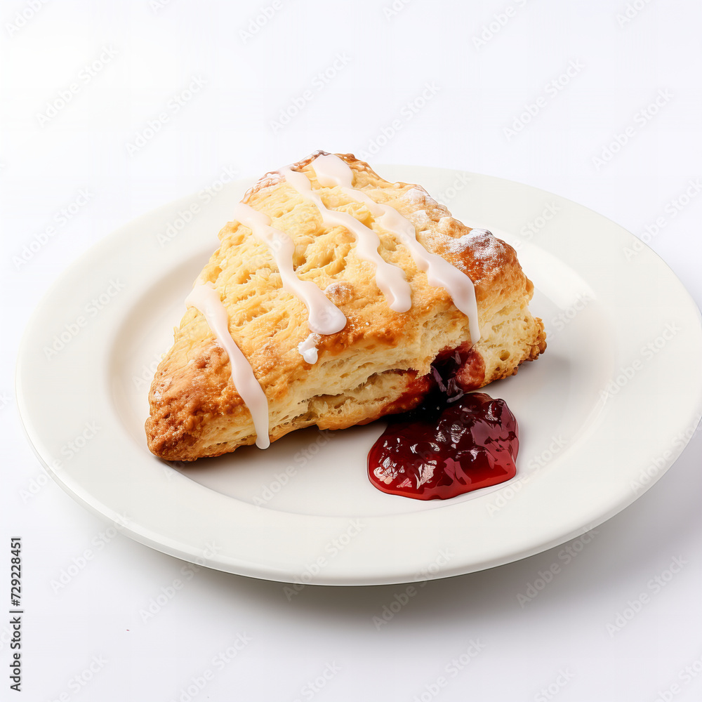 Delicious Fresh-Baked Scone with Sweet Icing and Berry Jam on White Plate - Homemade Breakfast Pastry