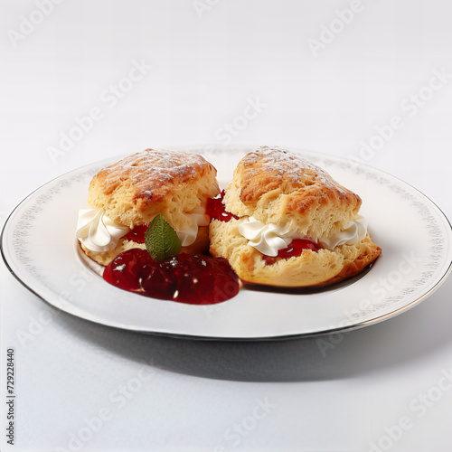 Delicious Homemade Scones with Cream and Strawberry Jam on Elegant Plate - High-Quality Dessert Image