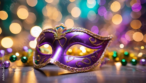 Purple Mardi Gras masquerade mask with bokeh on background. Venetian festival. Carnival disguise. photo