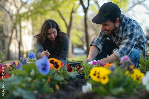 man and woman gardening in a public flower bed