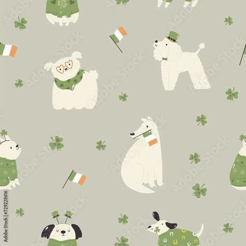 Holiday Hounds St. Patrick's Day background. Irish Doggy Delight Seamless Pattern