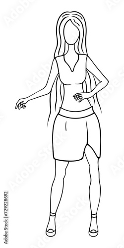 The sweet lady froze in a beautiful pose. Sketch. Vector illustration. Doodle style. A girl in a blouse with a low neckline, sleeveless and a short tulip skirt with a slit on the thigh. 