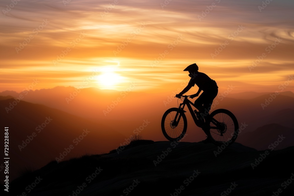 biker silhouetted against sunset on mountain crest biker silhouetted against sunset on mountain crest