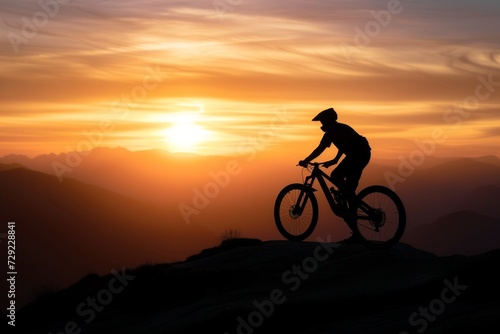 biker silhouetted against sunset on mountain crest