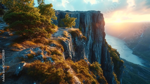 Aerial view of majestic cliffs  warm sunset glow  deep fjords  detailed drone-captured Norwegian fjords at dusk Generative AI