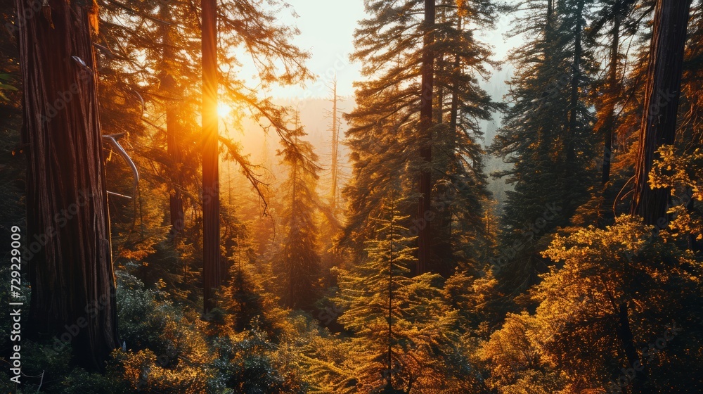 Aerial view of ancient forest, warm sunset tones, towering trees, detailed drone-captured Sequoia Park dusk Generative AI