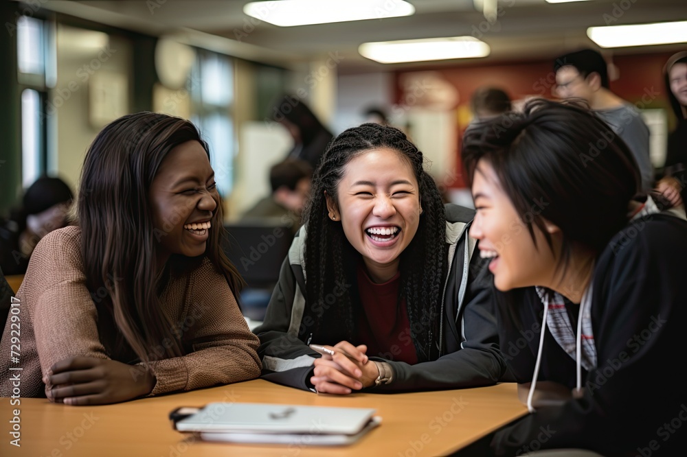 Group of high school students laughing together during classroom activity. Group of high school students laughing together during classroom activity.
