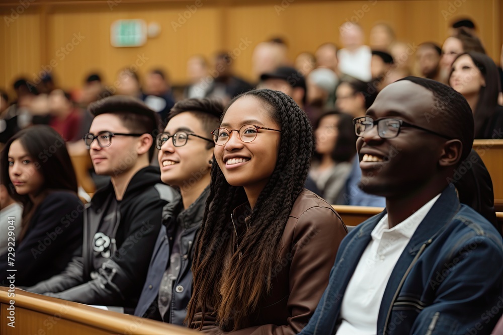 Group of diverse students engaged in a lecture at a university auditorium. Group of diverse students engaged in a lecture at a university auditorium.
