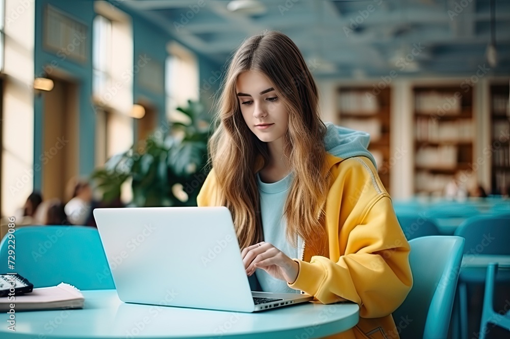 Woman sitting at table using laptop computer.