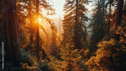 Aerial view of ancient forest  warm sunset tones  towering trees  detailed drone-captured Sequoia Park dusk Generative AI