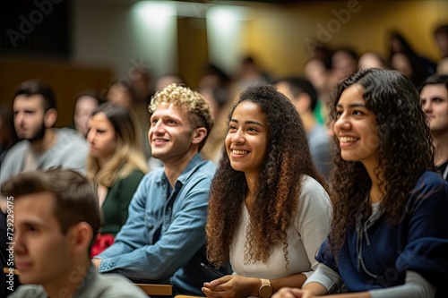 Group of diverse students engaged in a lecture at a university auditorium.