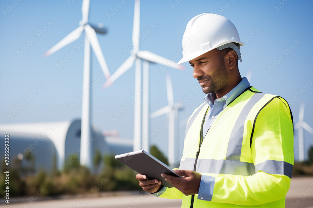 Male engineer using tablet with white safety helmet standing in front of wind energy station Male engineer using tablet with white safety helmet standing in front of wind energy station