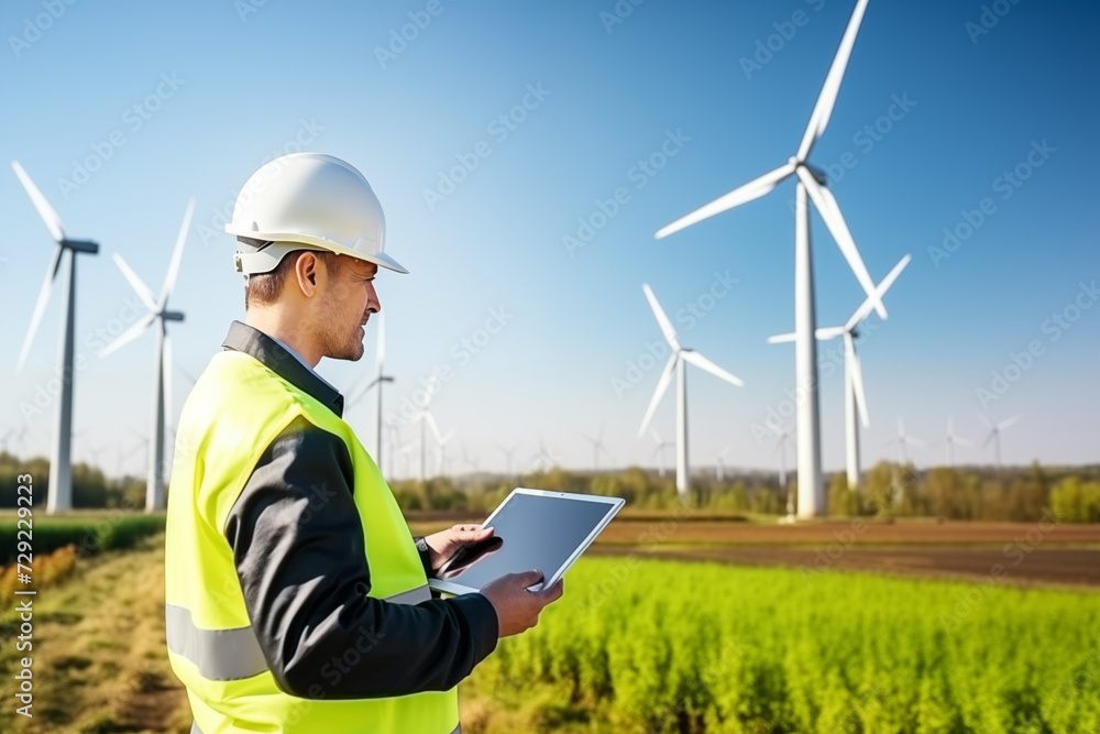 Male engineer using tablet with white safety helmet standing in front of wind energy station Male engineer using tablet with white safety helmet standing in front of wind energy station