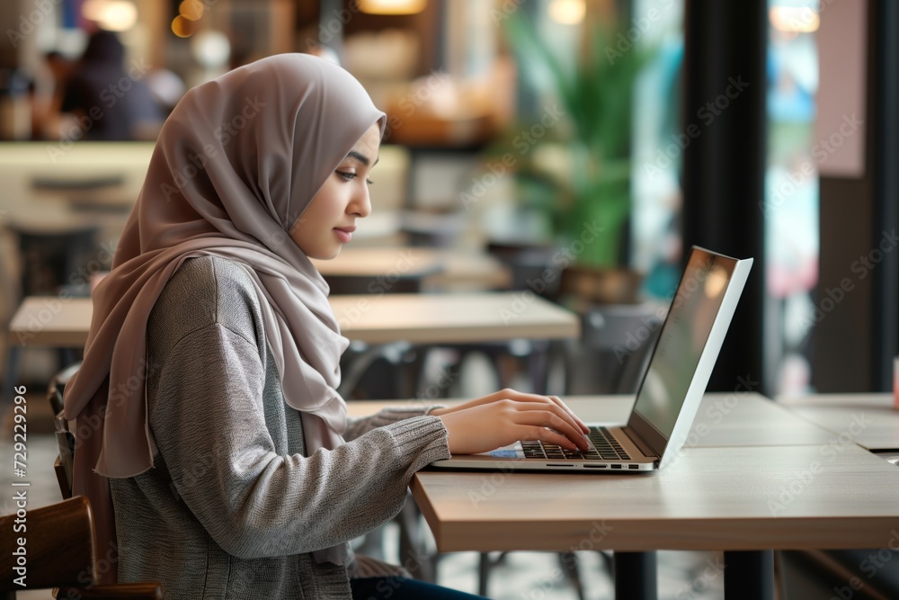 student in hijab typing on a laptop at a cafe table student in hijab typing on a laptop at a cafe table