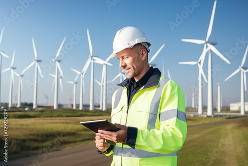 Male engineer using tablet with white safety helmet standing in front of wind energy station